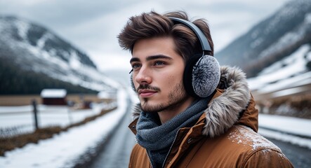 Young man with earmuffs on snowy countryside road