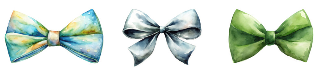 Colorful watercolor bows, elegant design, vibrant patterns, stylish accessories, perfect for gifts, festive occasions.