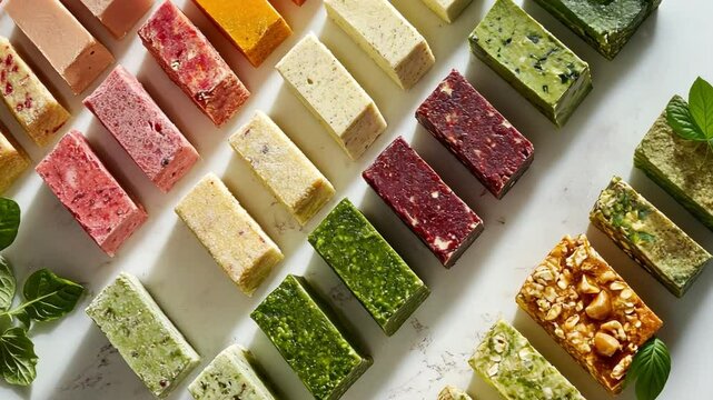 A row of colorful food items, including some with nuts and some with fruit