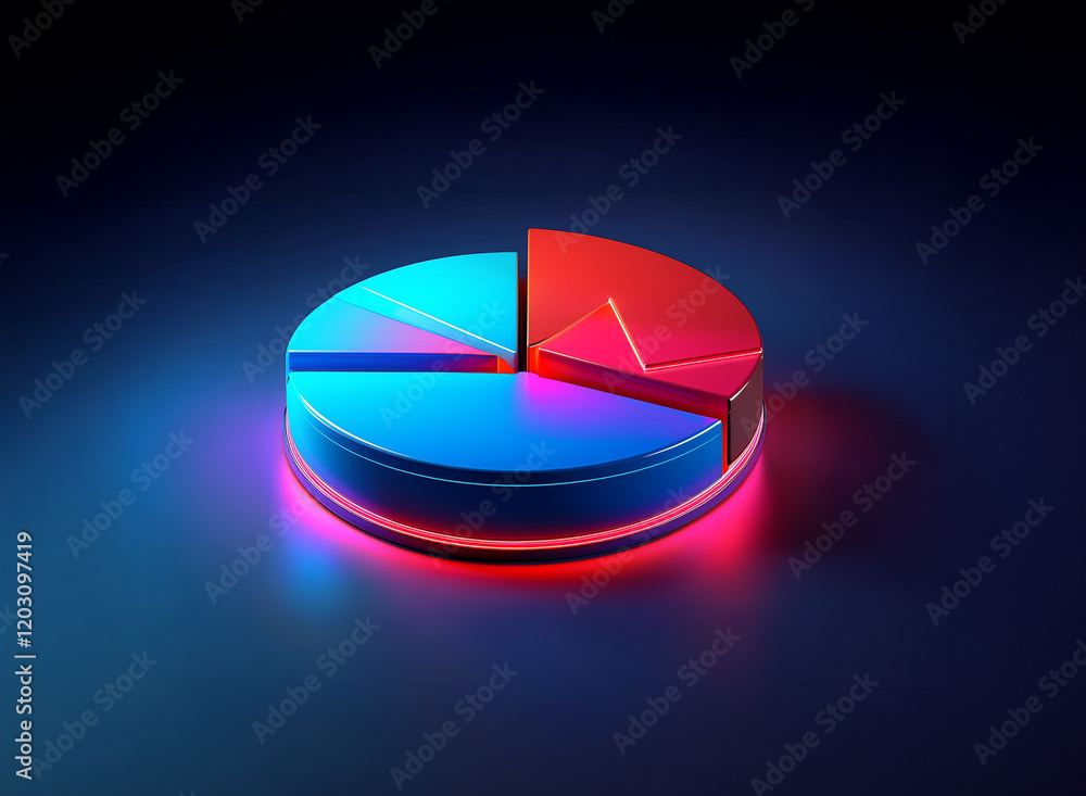 Poster a vibrant 3d pie chart, segmented into red and blue sections, glows with neon light against a dark b