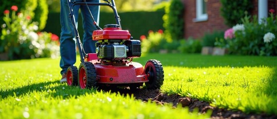 Soil Aeration Machine on Lawn - Gardener Operating, High Definition, Detailed, Vibrant, Fresh Cut Grass, Spring, Sunny Day, Professional Photography