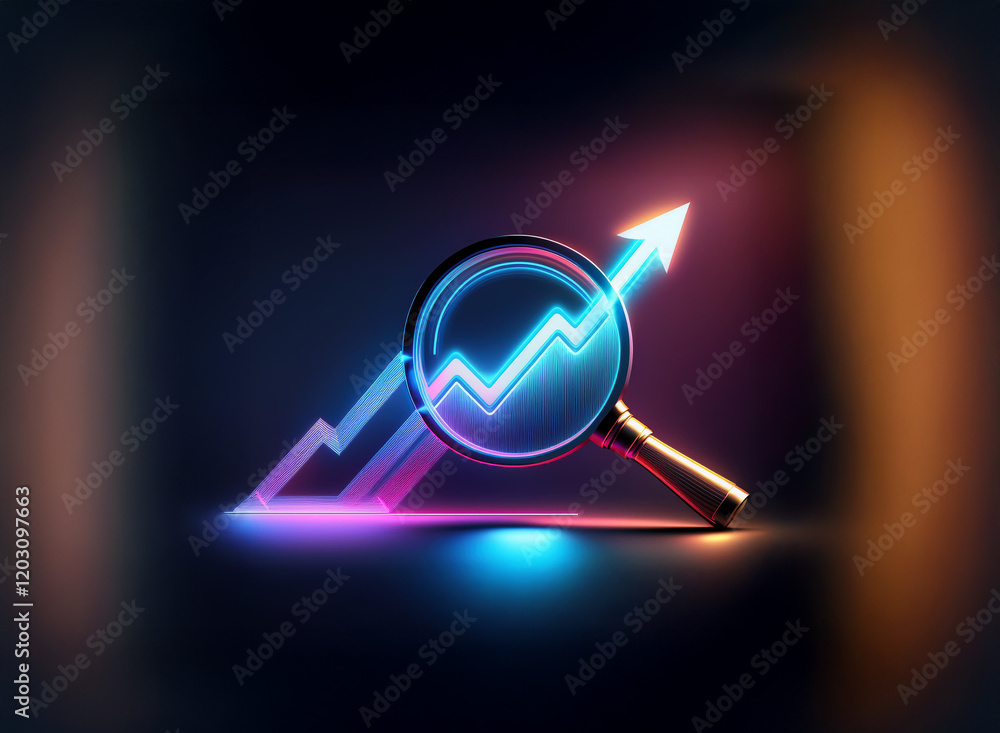 Poster glowing neon arrow and graph magnified, symbolizing growth and analysis. dark background emphasizes 