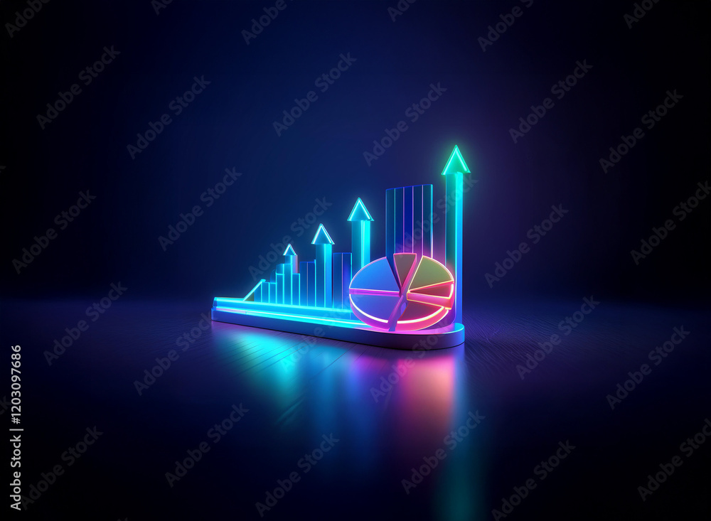 Poster neon-lit graph and pie chart ascend, symbolizing growth and data analysis in a dark, reflective sett