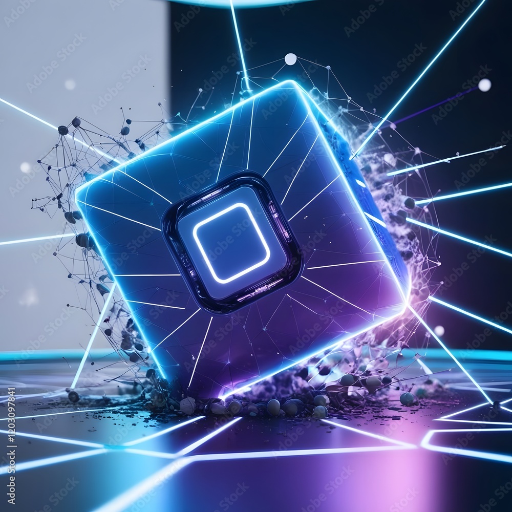 Poster glowing cube with neon lines on ground, tech abstract, 3d rendering