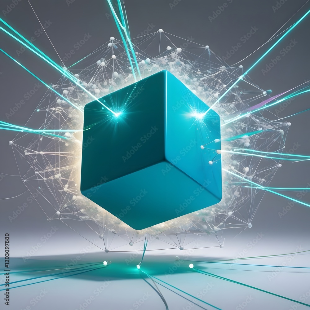 Poster teal cube in network of data flow with connections and glowing edges