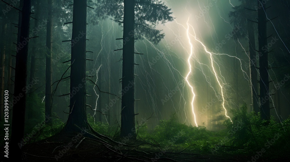 Poster dramatic lightning bolt illuminating a dense lush forest landscape during a heavy rainstorm the sky 