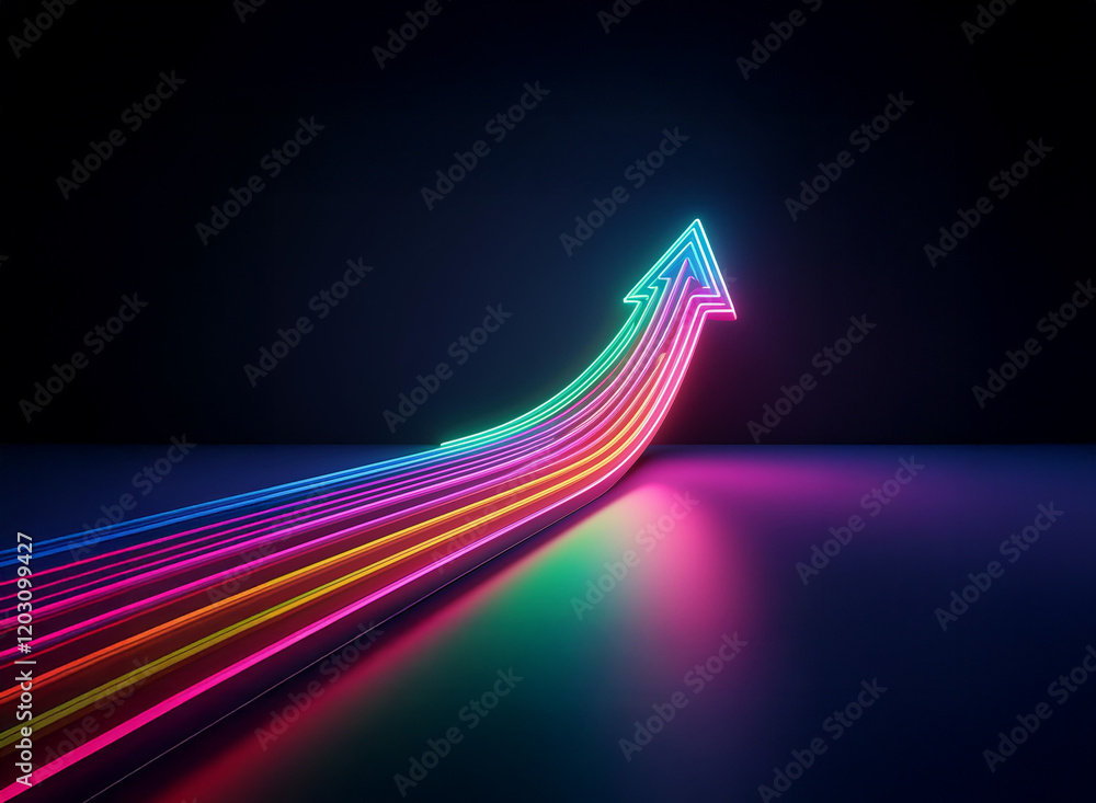 Wall mural vibrant, multicolored neon arrows ascend in a dynamic, upward trajectory against a dark background, 
