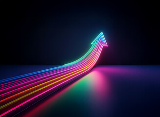 Vibrant, multicolored neon arrows ascend in a dynamic, upward trajectory against a dark background, suggesting growth and progress.  The arrows are reflected on a glossy surface.