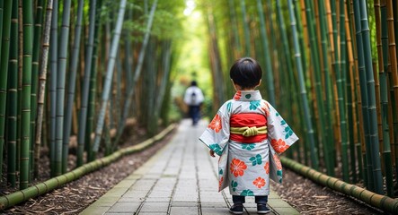 Child wearing a yukata near a bamboo forest pathway