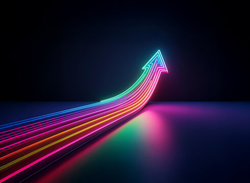 Vibrant, multicolored neon arrows ascend in a dynamic, upward trajectory against a dark background, suggesting growth and progress.  The arrows are reflected on a glossy surface.