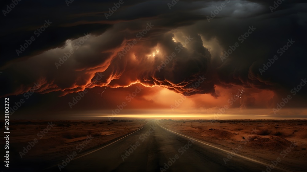 Poster dramatic image of a lone highway winding through a desolate landscape with dark storm clouds ominous