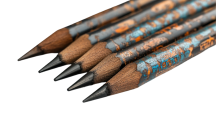 Close-up of sharpened colored pencils arranged in a row on a black background. transparent background