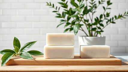Sustainable Shampoo Bars on Wood, Green Plants, White Subway Tile