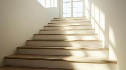 Wooden stairs lead to window with sunlight streaming in