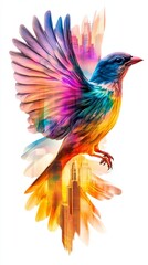 Obraz premium Vibrant Bird in Flight Above City Skyline