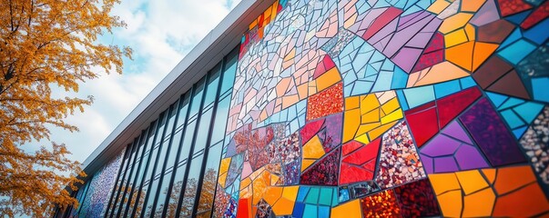 Colorful mosaic facade of a cultural center, vibrant design, artistic community