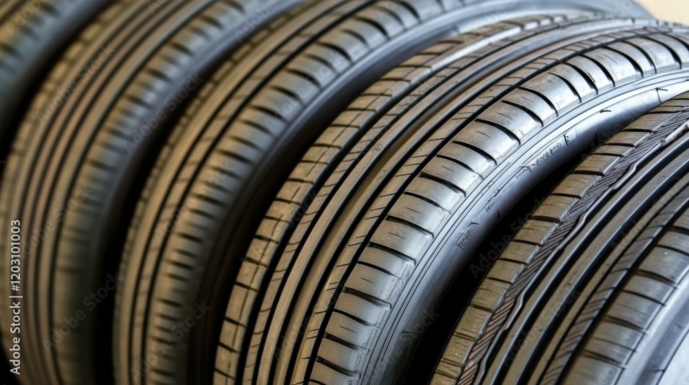 Aufkleber close-up view of stacked car tires showcasing tread patterns and textures in a well-lit setting
