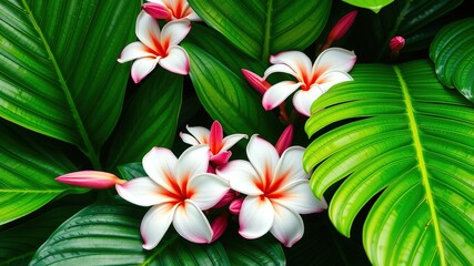 Tropical Floral Close-up - Lush Green Leaves & White Pink Blooms