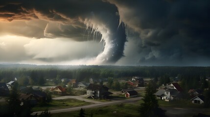 Obraz premium Ominous Funnel Cloud Formation in the Distance Over a Small Farming Town with Dramatic Sky and Natural Disaster Concept