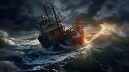 Fishing Boat Trying to Navigate Through Towering Crashing Waves During a Fierce Storm at Sea  Dramatic Seascape with Turbulent Water and Stormy Skies