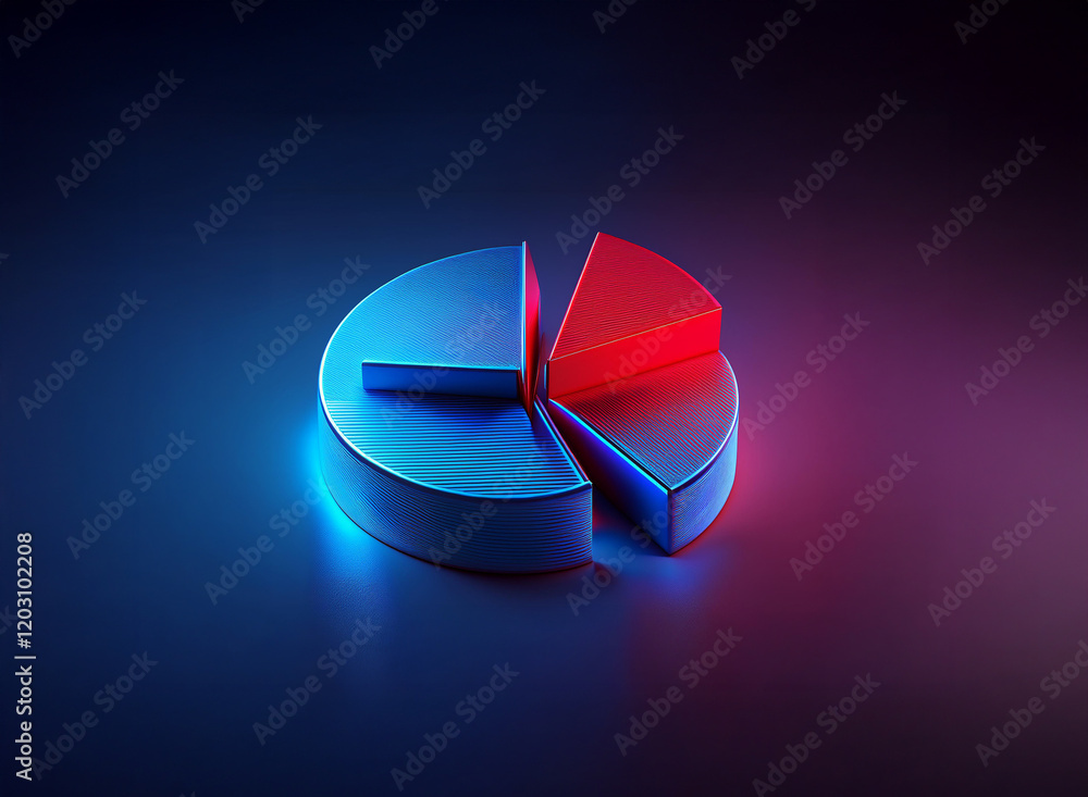 Poster a 3d rendered pie chart, segmented into four parts, with one section in vibrant red contrasting agai
