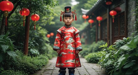 Kid in Chinese traditional dress surrounded by lush greenery