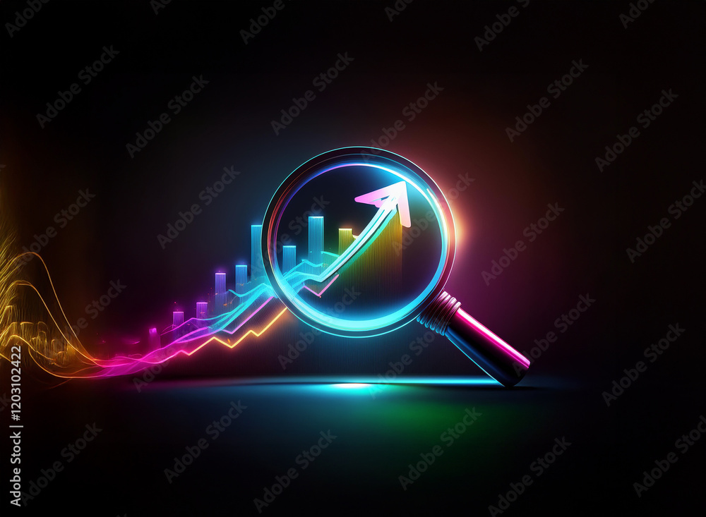 Poster a vibrant, neon arrow graph is magnified by a glowing magnifying glass, symbolizing growth and analy