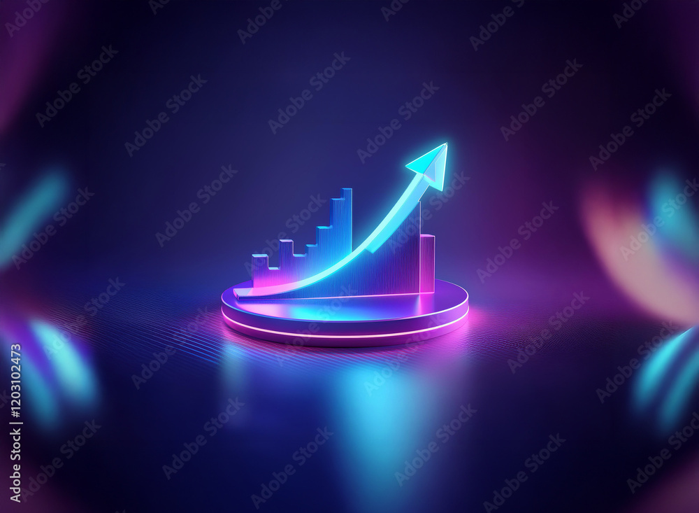 Poster neon-lit upward trend graph on a reflective surface, symbolizing growth and progress in a futuristic