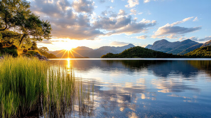serene lake reflecting surrounding mountains at sunset