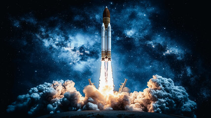 Rocket Launch into the Cosmos: A majestic rocket ascends powerfully into the inky blackness of space, leaving a fiery trail of smoke and light against a backdrop of swirling nebulae.