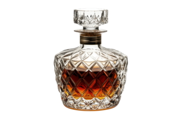 Elegant crystal decanter filled with rich amber liquor on a white background for home bar decoration