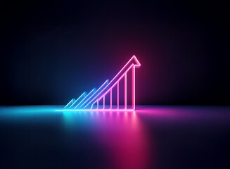 Glowing neon bar graph ascends sharply, reflecting on a dark surface.  Its vibrant colors symbolize growth and progress.