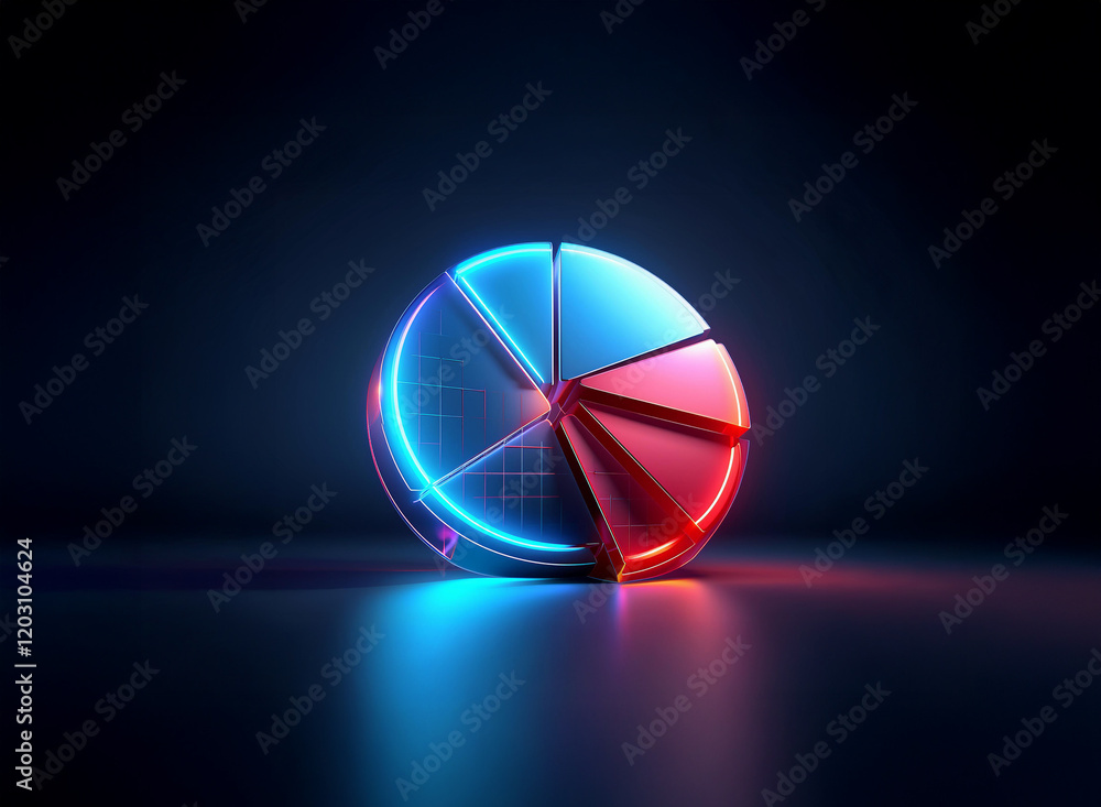 Poster glowing neon pie chart segments in vibrant red and blue, reflecting on a dark surface. a futuristic 