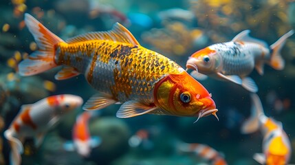 Naklejka premium Two koi fish swimming gracefully in a shimmering