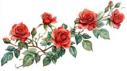 Fototapeta premium Red roses corner floral design for wedding cards, watercolor 