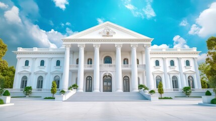 Fototapeta premium Elegant White Mansion with Columns and Beautiful Sky Background