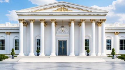 Elegant White Building with Golden Accents and Large Columns