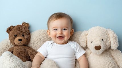 Happy baby surrounded by plush animals on light blue background