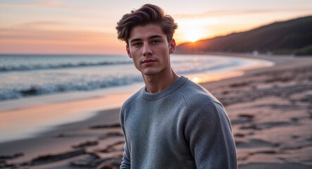 Young guy wearing a sweater posing on a scenic beach at sunset