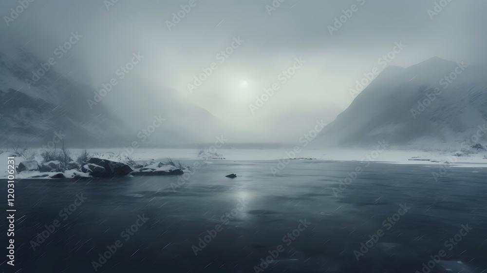 Poster frozen lake submerged under a heavy snowstorm with strong gusting winds and low visibility creating 