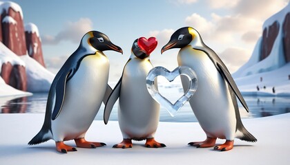 Three penguins holding a heart shaped ice, displaying love and affection in a snowy landscape.