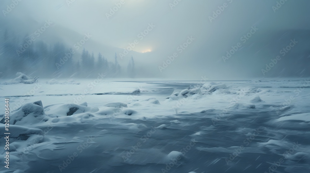 Poster frozen lake landscape blanketed in a heavy snowstorm with strong winds and drastically reduced visib