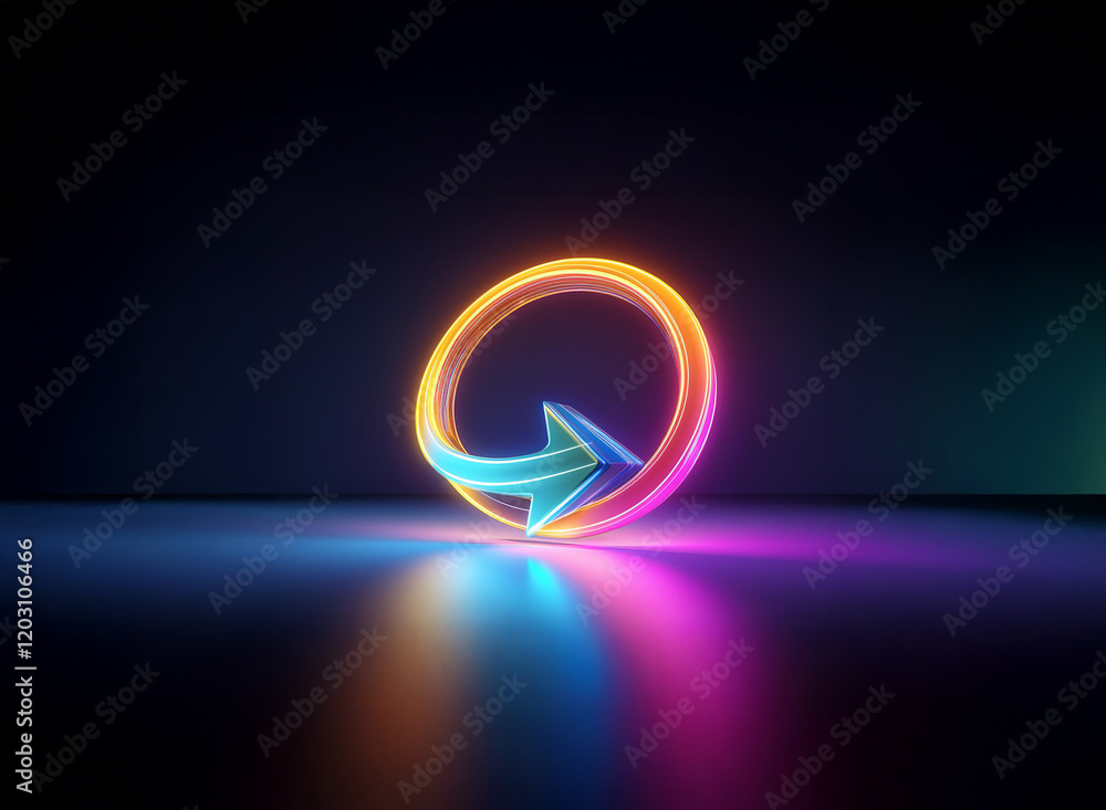 Poster a vibrant neon arrow forming a circular loop glows on a dark reflective surface. the colors are dyna