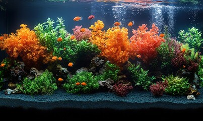 Vibrant aquarium, orange fish, lush plants.