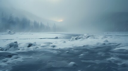 Obraz premium Frozen lake landscape blanketed in a heavy snowstorm with strong winds and drastically reduced visibility creating a moody atmospheric and desolate winter scene