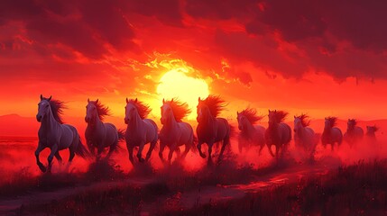 Fototapeta premium White horses run sunset prairie fiery sky landscape