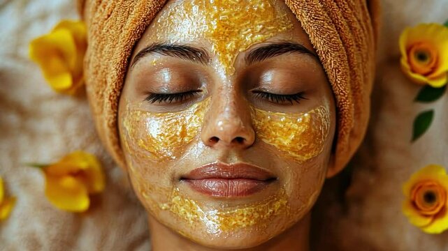 A woman with a yellow face mask on her face