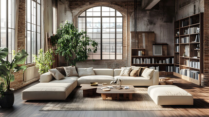 Stylish living room with abundant natural light and lush green plants.