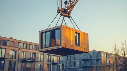 Architectural photography crane lifts prefab home at construction site