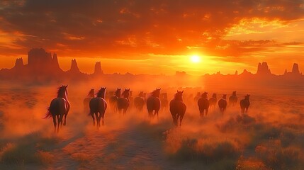 Wild horses run desert sunset Monument Valley